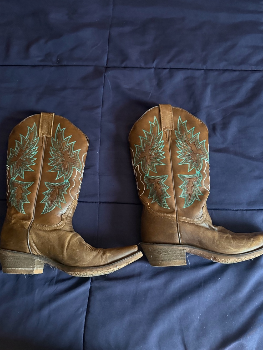Brown Leather Cowboy Boots with Turquoise Stitching